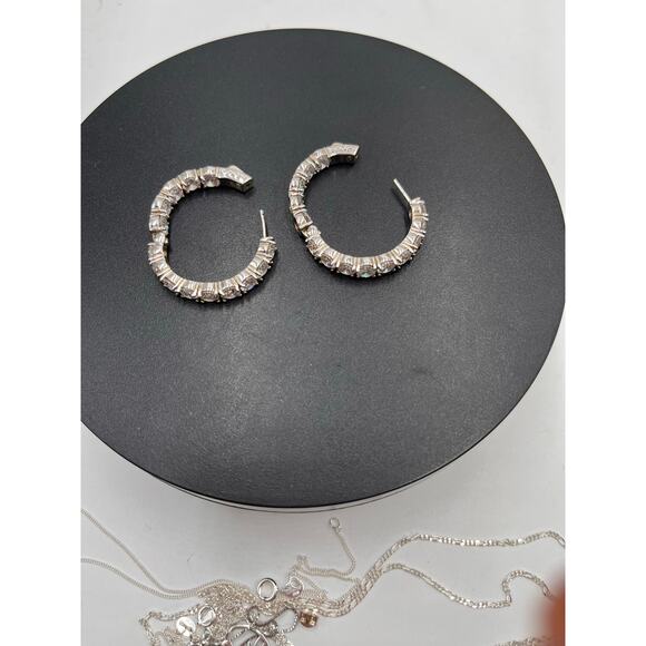 SD Signed Sterling Silver CZ In & Out Huggie Hinged Hoop Round Earrings - Picture 8 of 14